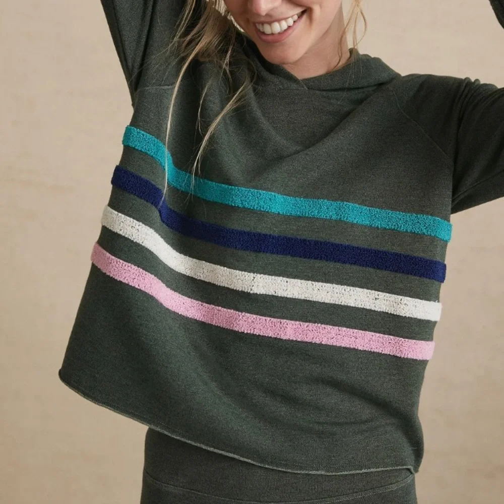 🛍️Sundry Galen Green Chenille Stripe Hoodie L $198 made in USA ANTHROPOLOGIE - Picture 2 of 6